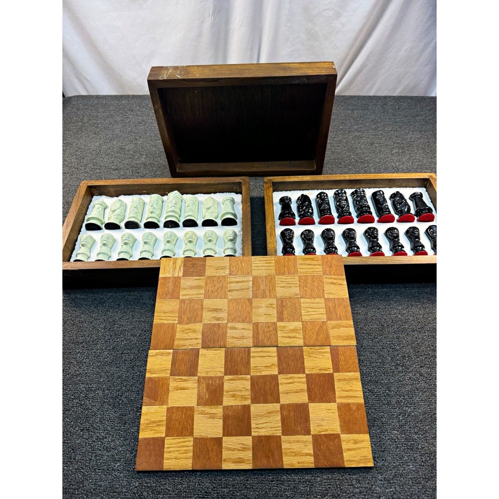 Wood Classic Chess Set Folding Board w/Storage Box Ceramic Pieces